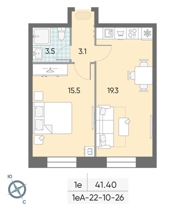 Продажа 1-комнатной квартиры 41,4 м², 22/28 этаж