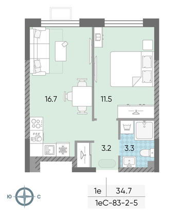 Продажа 1-комнатной квартиры 34,7 м², 4/24 этаж