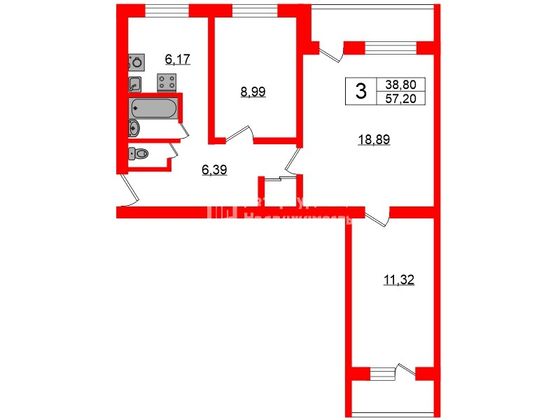 Продажа 3-комнатной квартиры 57,2 м², 4/10 этаж