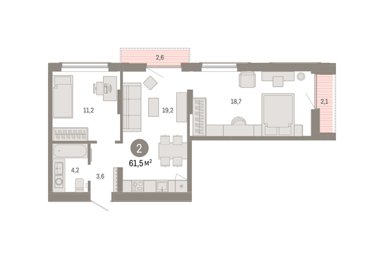 61,5 м², 2-комн. квартира, 6/9 этаж