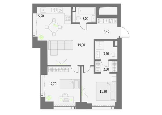 61,8 м², 2-комн. квартира, 29/55 этаж