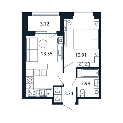 Продажа 1-комнатной квартиры 33,8 м², 3/12 этаж