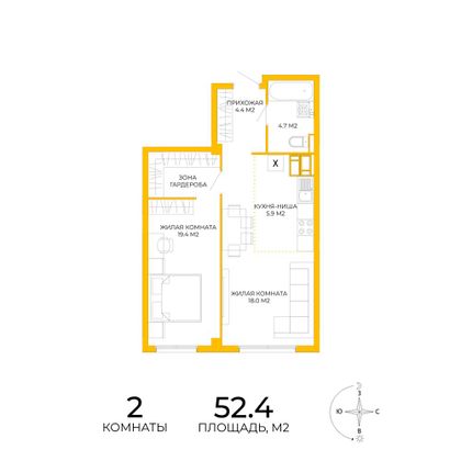 52,4 м², 2-комн. квартира, 17/17 этаж