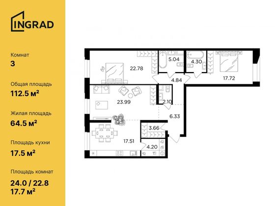 112,5 м², 3-комн. квартира, 10/12 этаж