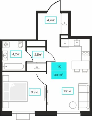 39,1 м², 1-комн. квартира, 13/23 этаж