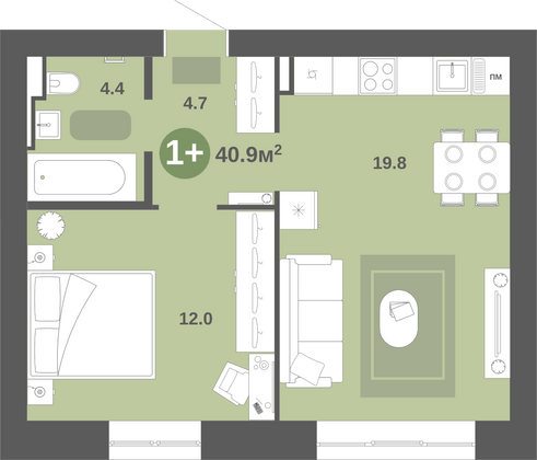 40,9 м², 1-комн. квартира, 3/9 этаж