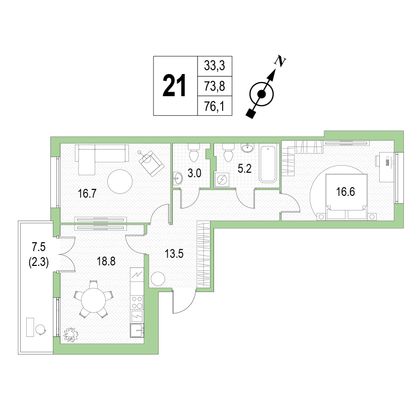Продажа 2-комнатной квартиры 76,1 м², 4/4 этаж