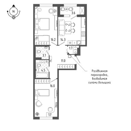 68,6 м², 2-комн. квартира, 2/18 этаж