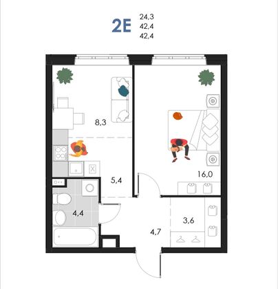 42,4 м², 2-комн. квартира, 1/6 этаж