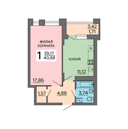 Продажа 1-комнатной квартиры 40,9 м², 2/18 этаж