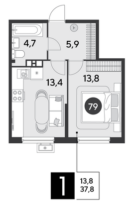Продажа 1-комнатной квартиры 37,8 м², 9/16 этаж