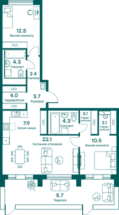 83,6 м², 3-комн. квартира, 1 этаж