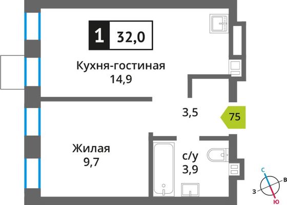 Продажа 1-комнатной квартиры 32 м², 9/9 этаж