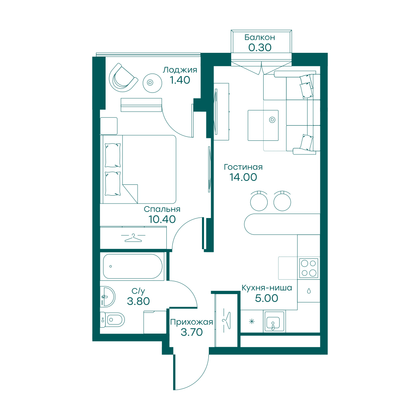 38,6 м², 2-комн. квартира, 2/6 этаж