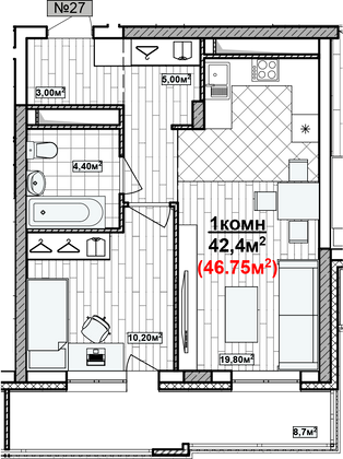 Продажа 1-комнатной квартиры 46,8 м², 6/19 этаж