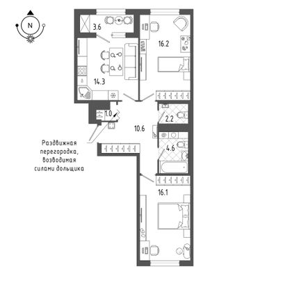 67,3 м², 2-комн. квартира, 6/18 этаж