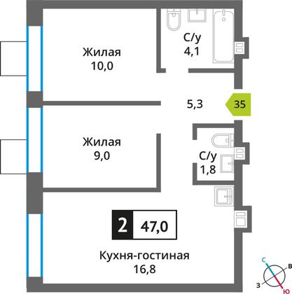 Продажа 2-комнатной квартиры 47 м², 6/6 этаж