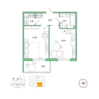 43,4 м², 1-комн. квартира, 7/9 этаж