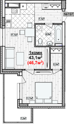 Продажа 1-комнатной квартиры 46,7 м², 2/19 этаж