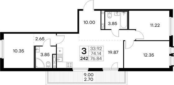 76,8 м², 3-комн. квартира, 12/15 этаж