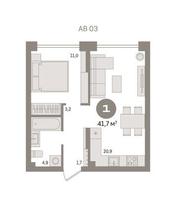 41,7 м², 1-комн. квартира, 2/16 этаж