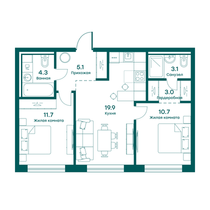 57,8 м², 2-комн. квартира, 2 этаж