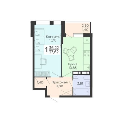 Продажа 1-комнатной квартиры 37,6 м², 4/18 этаж