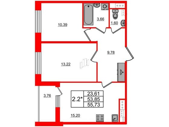 Продажа 2-комнатной квартиры 53,8 м², 12/12 этаж