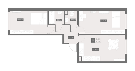 62,1 м², 2-комн. квартира, 2/10 этаж