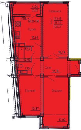 78,4 м², 3-комн. квартира, 12/18 этаж