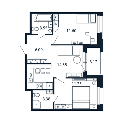 Продажа 2-комнатной квартиры 51,8 м², 2/12 этаж
