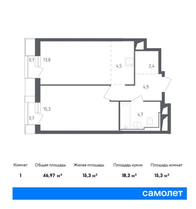 47 м², 1-комн. квартира, 16/32 этаж