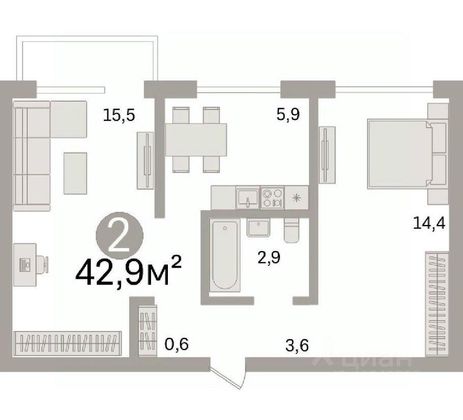 Продажа 2-комнатной квартиры 42,9 м², 5/5 этаж