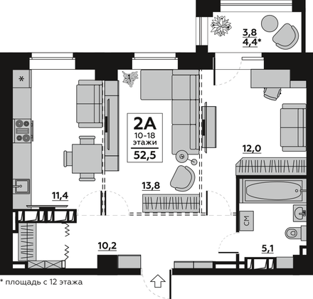 Продажа 2-комнатной квартиры 54,8 м², 14/18 этаж