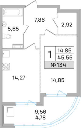 45,5 м², 1-комн. квартира, 16 этаж