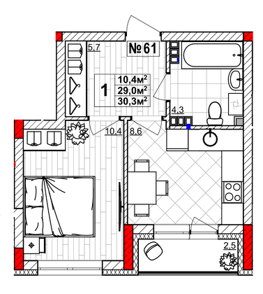 Продажа 1-комнатной квартиры 30,3 м², 3/4 этаж