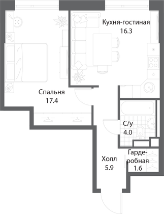 Продажа 1-комнатной квартиры 45,2 м², 8/35 этаж