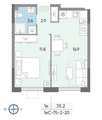 Продажа 1-комнатной квартиры 35,2 м², 5/24 этаж