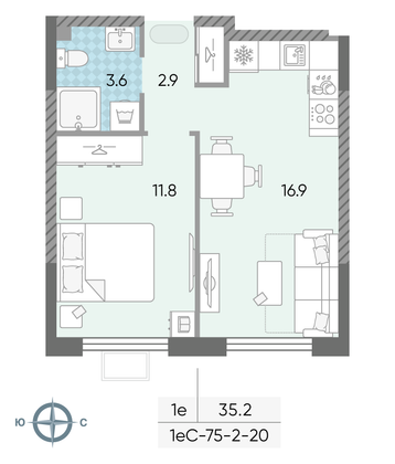 Продажа 1-комнатной квартиры 35,2 м², 15/24 этаж