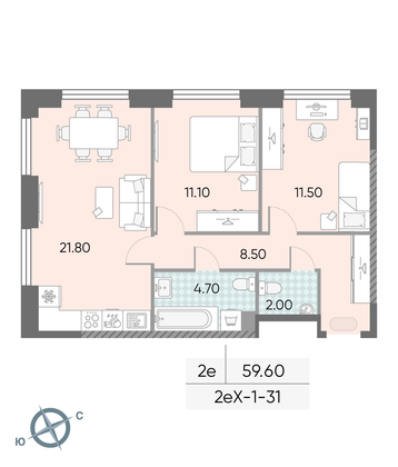 Продажа 2-комнатной квартиры 59,6 м², 31/58 этаж