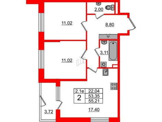 Продажа 2-комнатной квартиры 53,3 м², 1/5 этаж