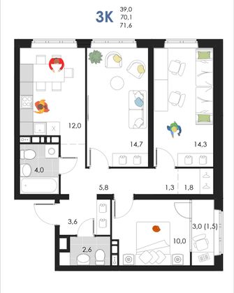 71,6 м², 3-комн. квартира, 5/6 этаж