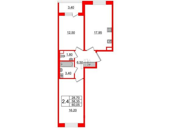Продажа 2-комнатной квартиры 58,3 м², 2/4 этаж