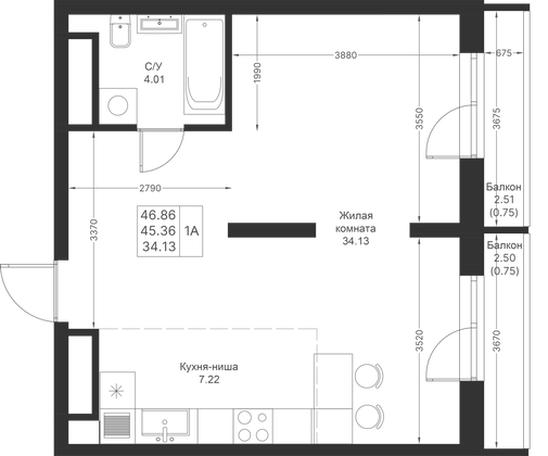 Продажа 1-комнатной квартиры 46,9 м², 15/24 этаж