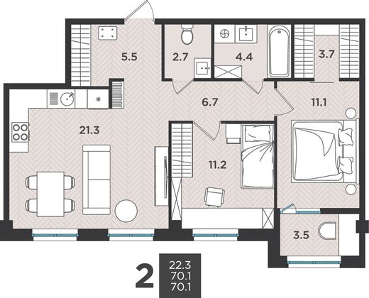 70,1 м², 3-комн. квартира, 1/9 этаж