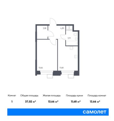 37 м², 1-комн. квартира, 16/23 этаж