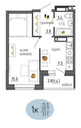 31,1 м², 1-комн. квартира, 17/25 этаж