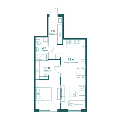 49,8 м², 2-комн. квартира, 1/6 этаж