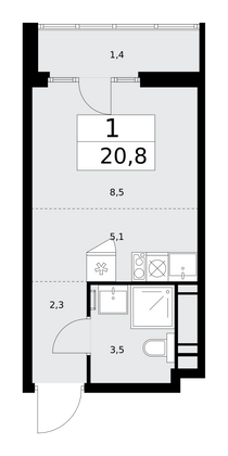 20,8 м², 1-комн. квартира, 15/15 этаж