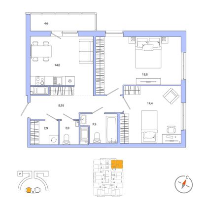 67,3 м², 2-комн. квартира, 5/25 этаж